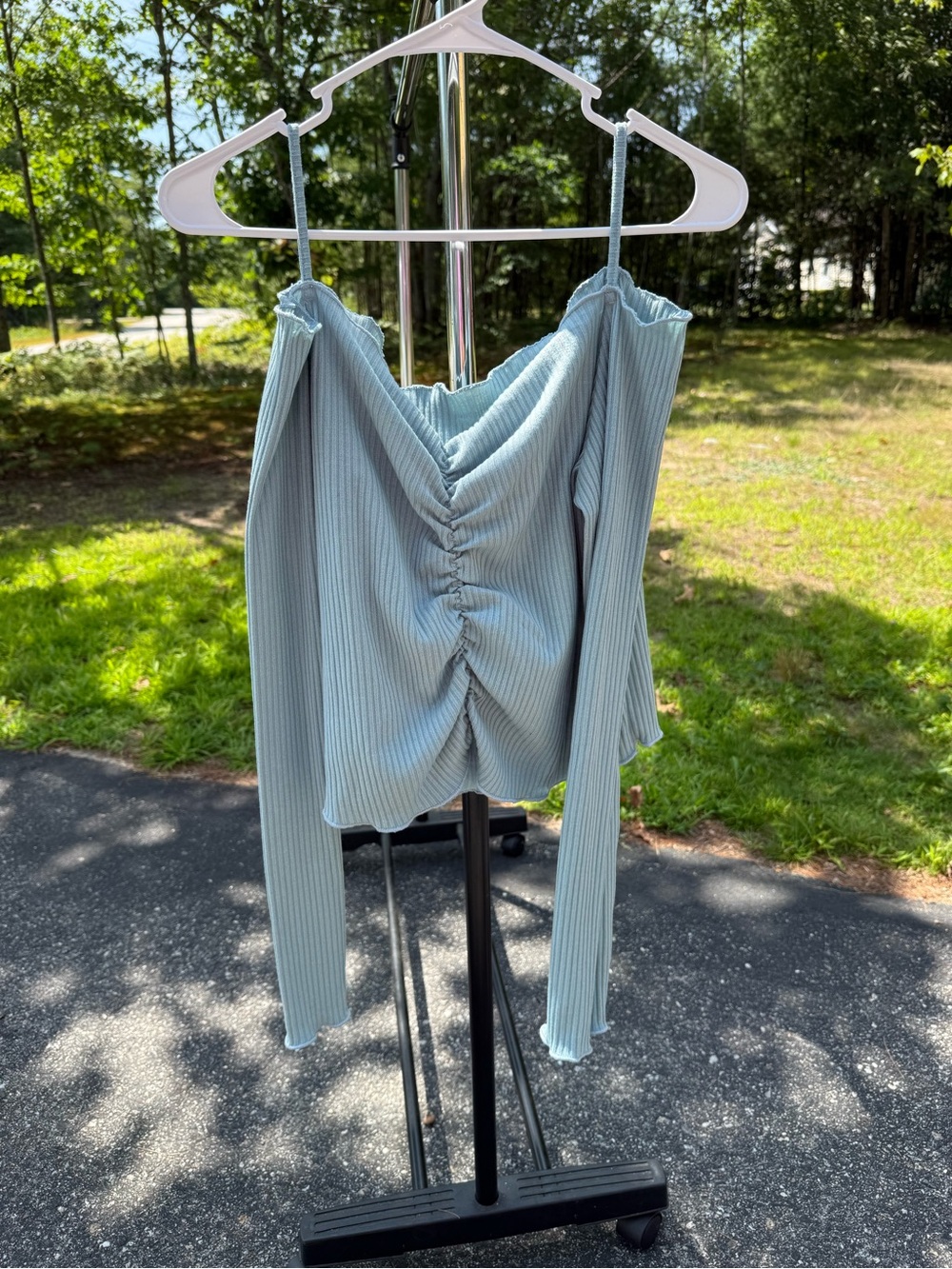 Light Blue Ribbed Off-Shoulder Ruched Long-Sleeve Camisole Top